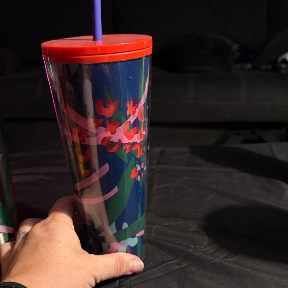 Starbucks Multicolor Floral Pattern Tumbler Set with Green and Red Accents